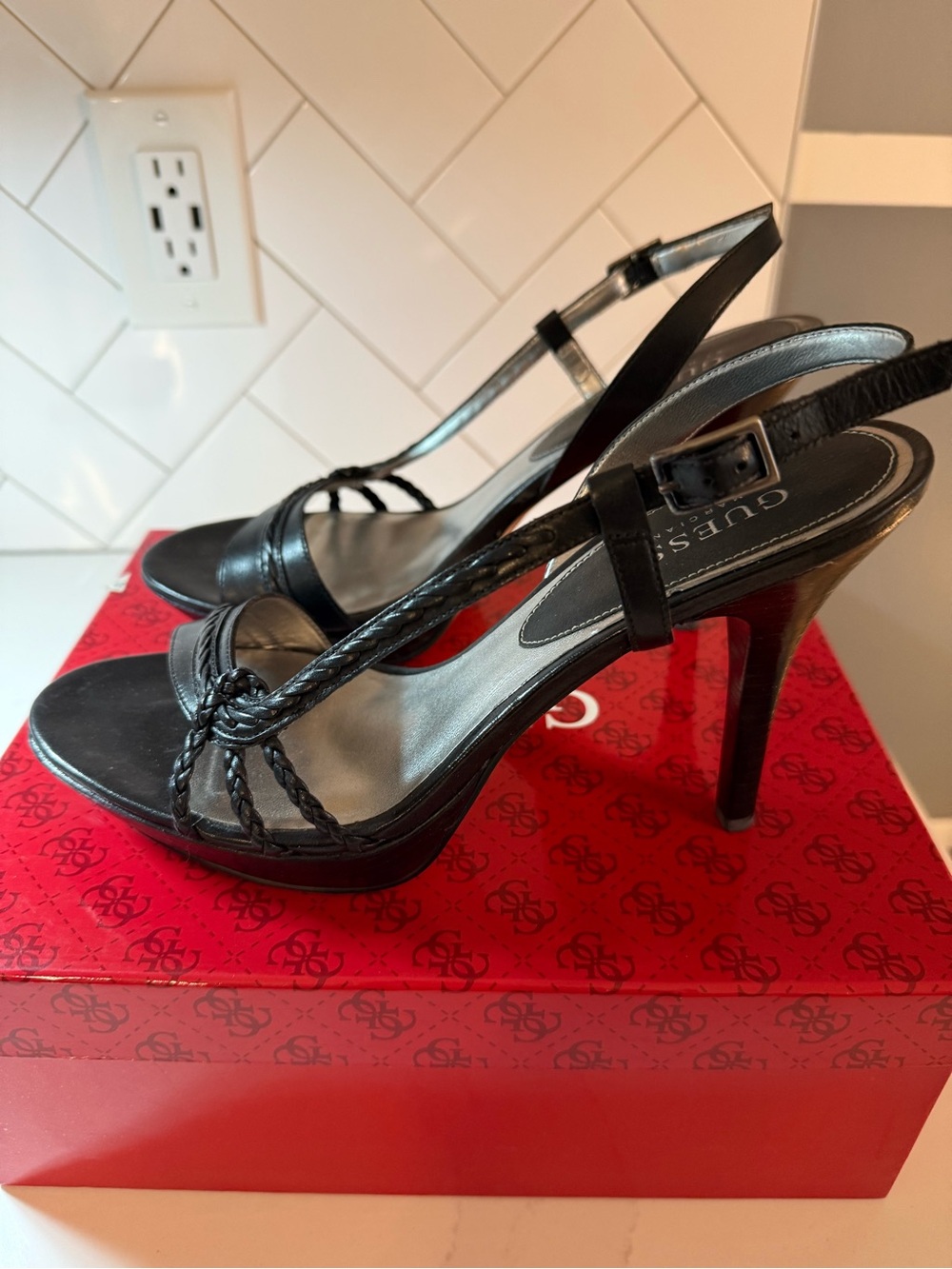 Guess Black Braided Slingback Stiletto Sandals